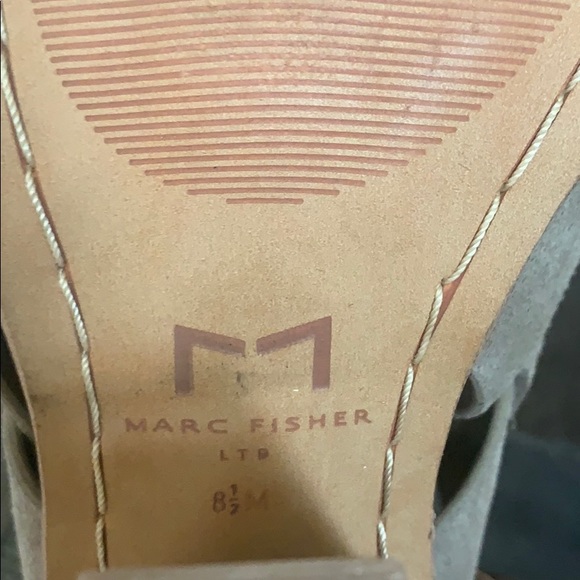 Taupe Suede Marc Fisher Stacked Heel Wrap Sandals - Picture 5 of 6
